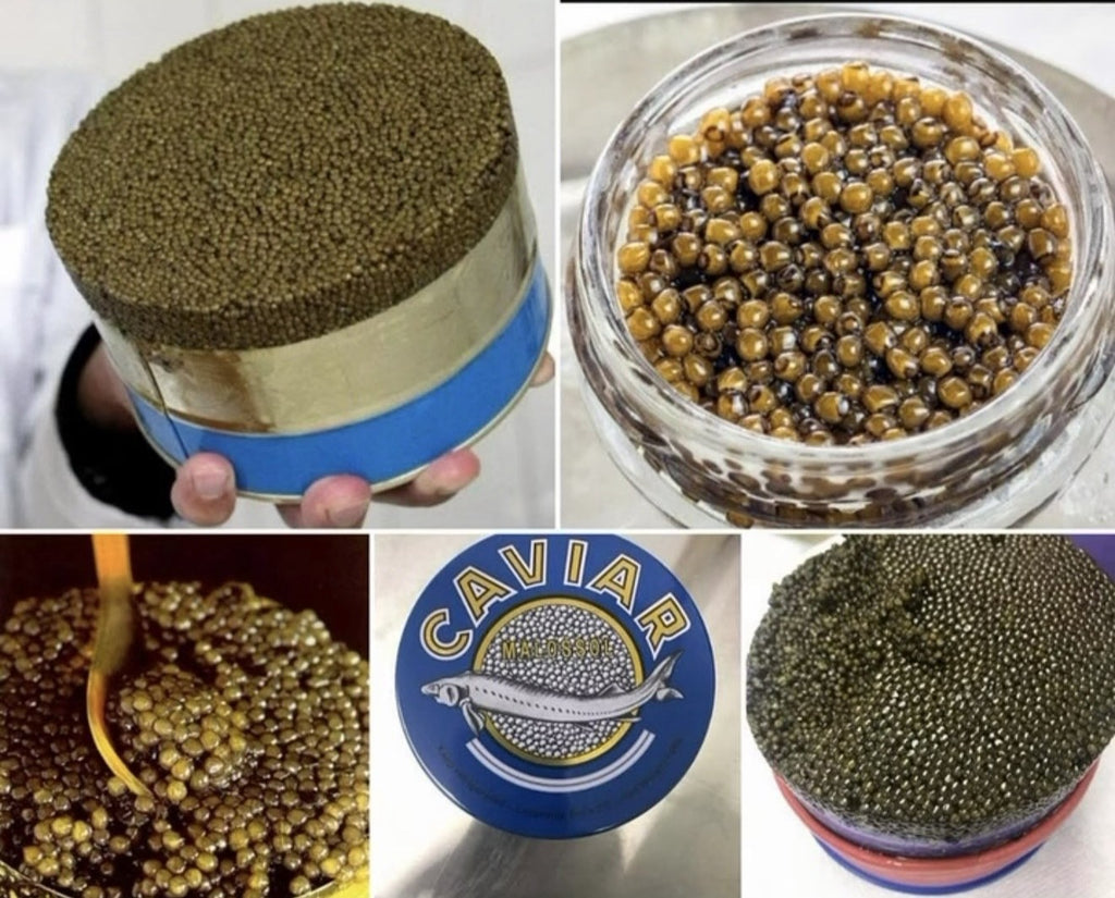 CaviarNY black caviar — open tins of pearls, a jar of golden caviar and the blue Caviar Malossol tin
