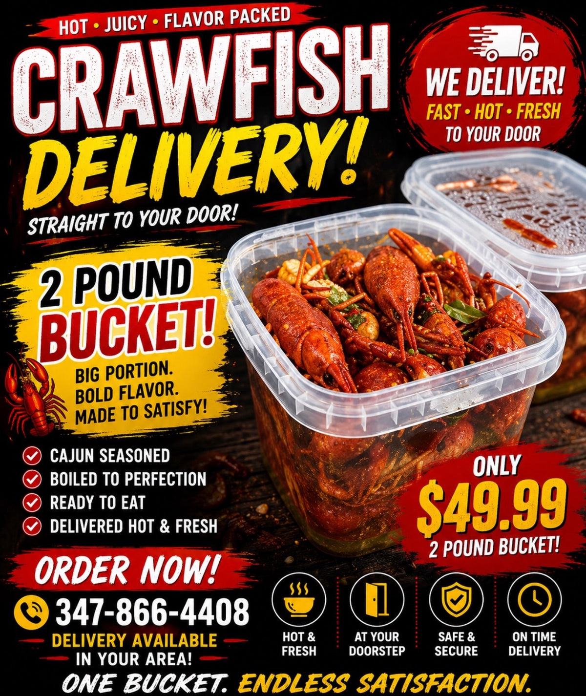 CaviarNY crawfish delivery ad — 2 pound bucket for $49.99, order at 347-866-4408