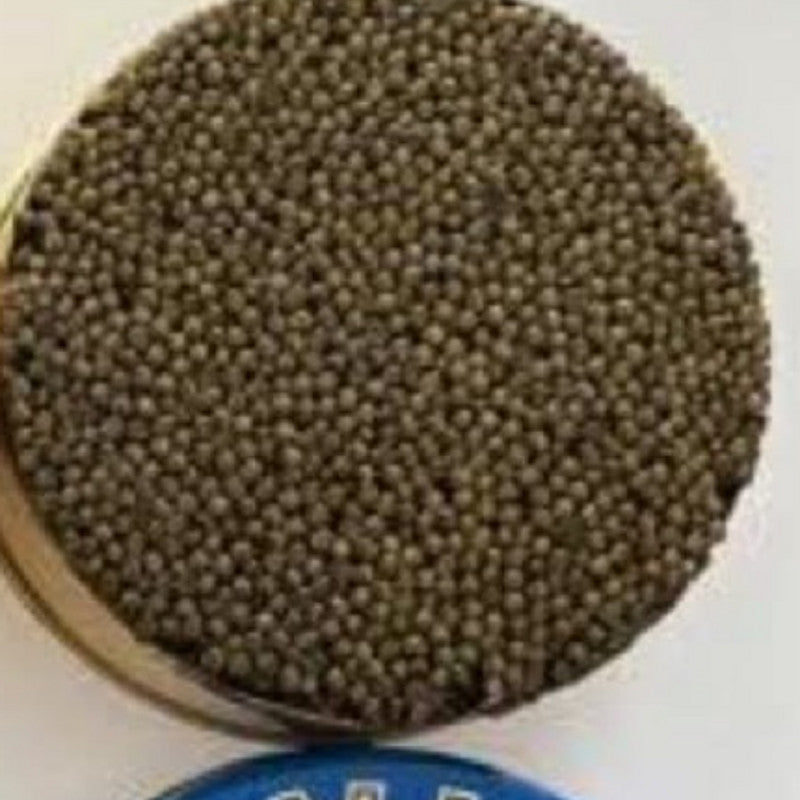Actual Russian Osetra Royal caviar in an open tin
